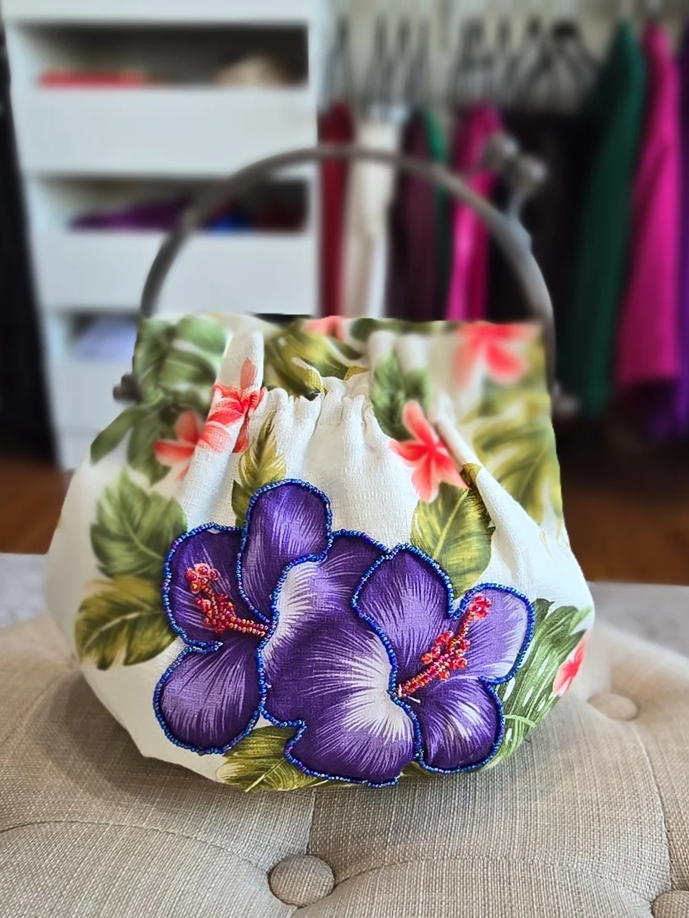 White Floral Tote Bag with Purple Flower Print